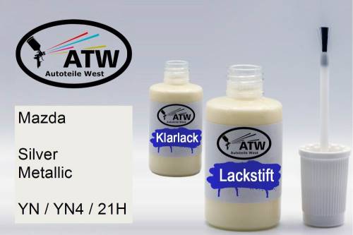 Mazda, Silver Metallic, YN / YN4 / 21H: 20ml Lackstift + 20ml Klarlack - Set, von ATW Autoteile West.